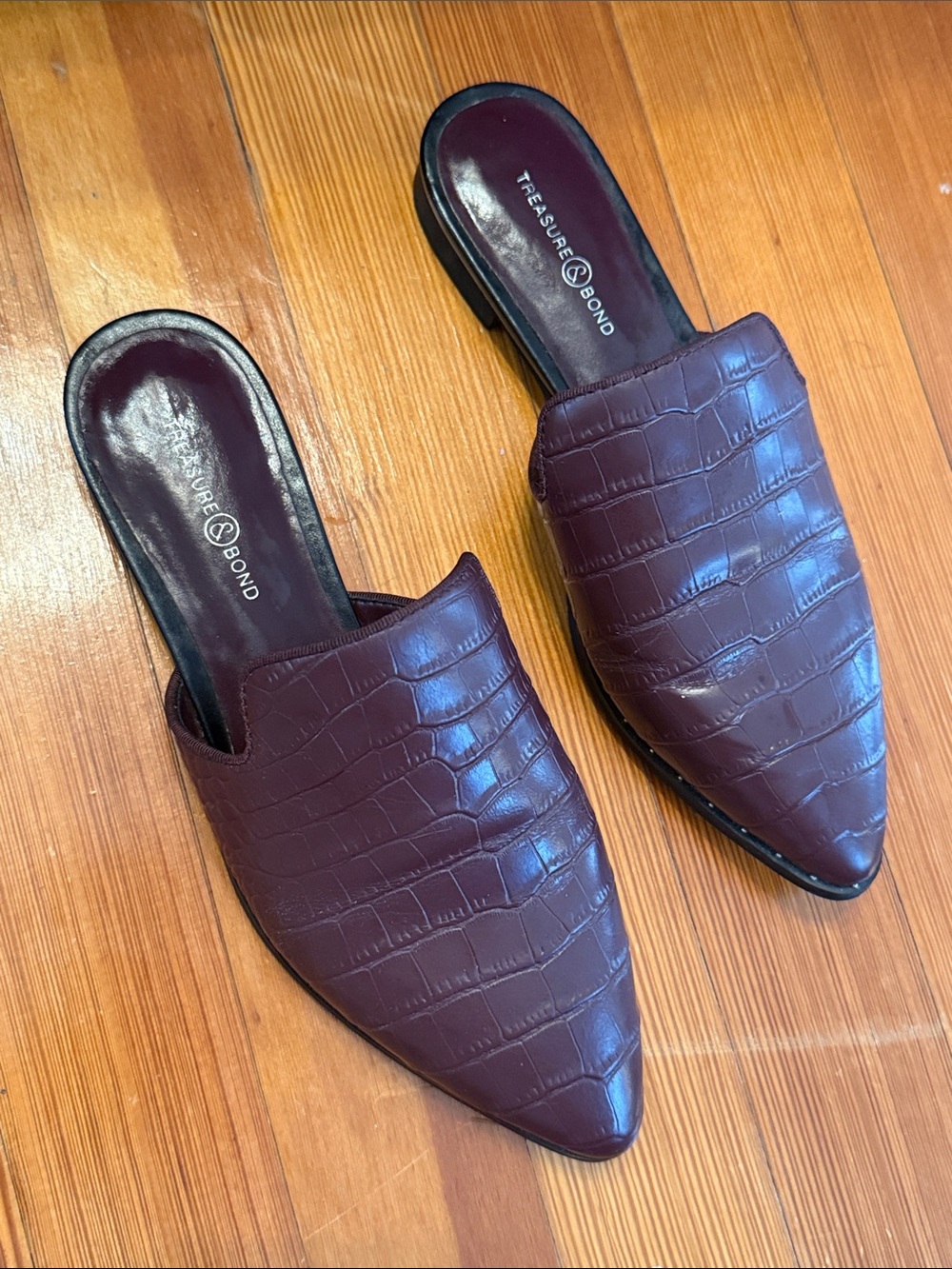 Treasure & Bond Women's Pointed Croc-Embossed Slip-On Mules in Deep Wine